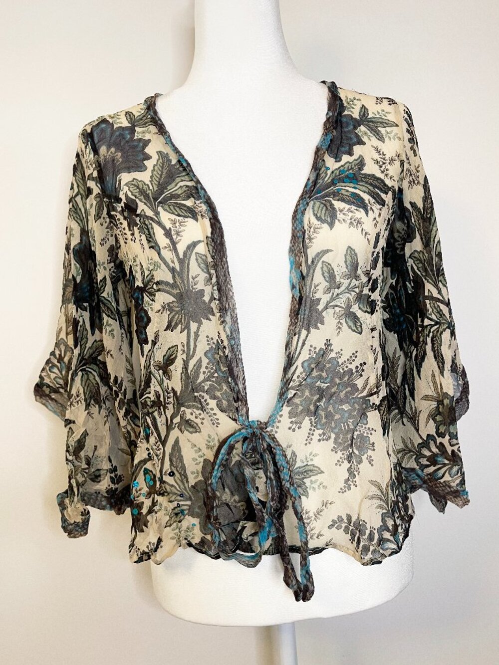 Vintage Karen Kane Layering Floral Sheer 100% Silk Tie Front Kimono Top Size M
